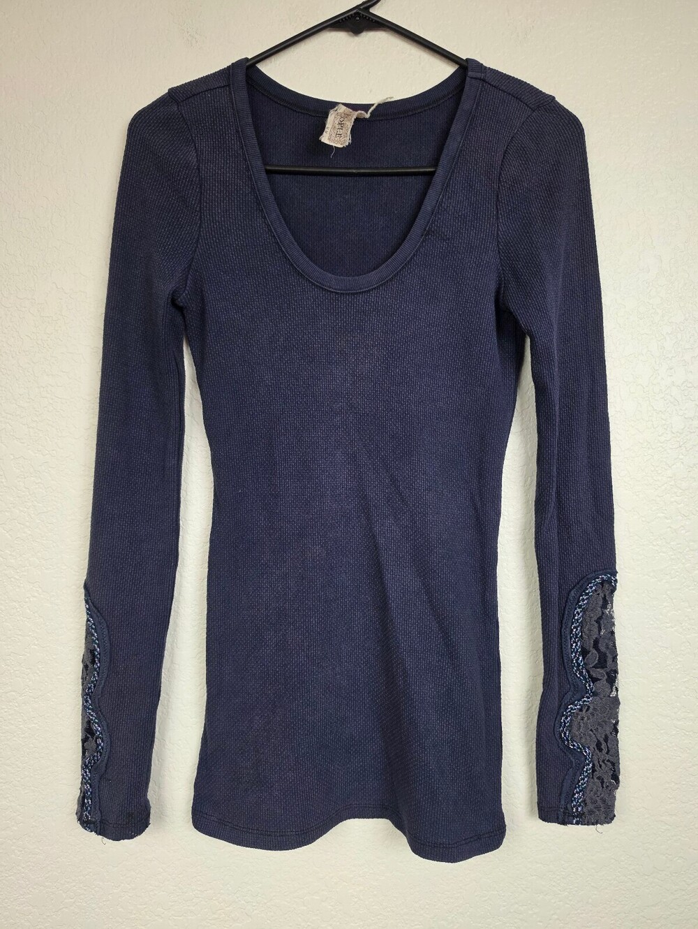 Free People Navy Blue Long Sleeve Scoop Neck Top
